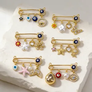 Vintage European Evil Eye Pendants Gold Plated Copper Safety Pin Charms With Rhinestone Artificial Pearl DIY Jewelry Accessories