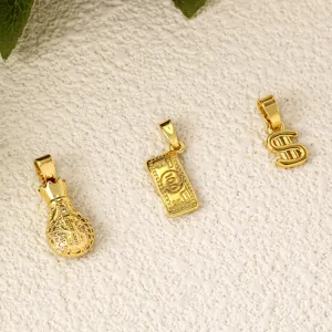 Gold-plated dollar money bag and bill pendant charm for DIY necklace jewelry making accessories.