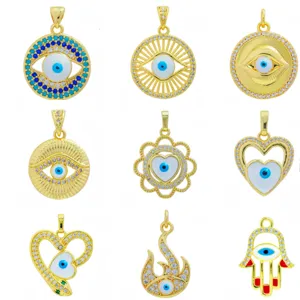 Kupfer Zirkonia Böses Auge Anhänger Emaille Hamsa Hand Schmuckherstellung Gold Vergoldet Herz Blume Anhänger Halskette
