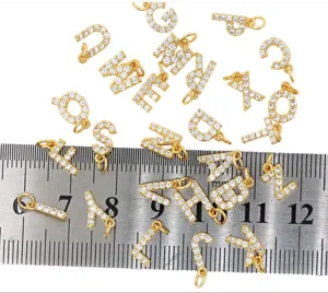 Gold plated copper micro paved zirconia alphabet letter DIY charm pendants for jewelry making.