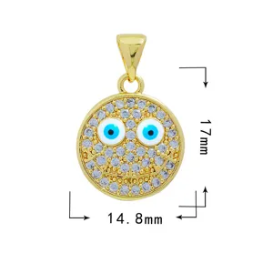Colgante de cara sonriente mal de ojo de cobre chapado en oro circonita micro pavé 17mm