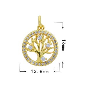 Ciondolo albero della vita in zircone cubico placcato oro, misura 16x13,8mm accessorio moda.