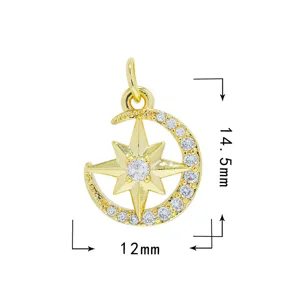 Vista dettagliata del ciondolo luna stella in zircone dorato, accessorio da 14.5x12mm.