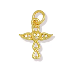 Colgante cruz corazón alas de ángel en circón micro-engastado de cobre, accesorio DIY.