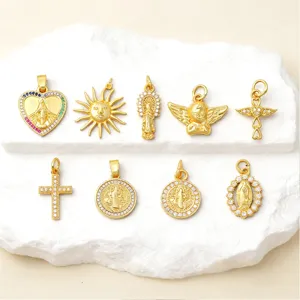 Colgantes religiosos de circonita dorada, dijes de cobre micro pavé para collares DIY.