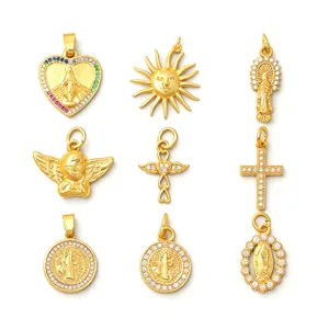 Colgantes dijes de joyería DIY de latón bañado en oro circonita micro pavé cruz sol