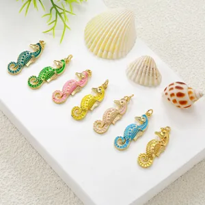 Colgantes caballito de mar esmalte colorido cobre chapado en oro accesorios joyería DIY.