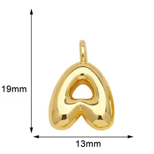 Gold plated puffy letter pendant detail, 19mm height, 13mm width, shiny jewelry accessory.