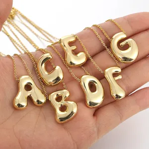 18K Gold Plated Bubble Letter Pendant Necklace Chunky Initial Alphabet Jewelry for Women