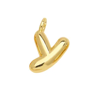 Gold plated letter Y pendant detail shot, shiny metallic puffy style alphabet charm accessory.