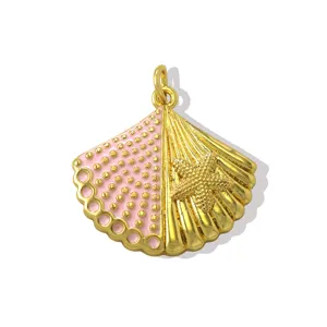 Colgante de concha y estrella de mar dorado con esmalte rosa para hacer joyas de bricolaje.