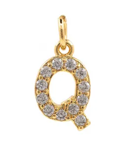 Detail view of copper micro-paved cubic zirconia letter Q pendant, 18k gold plated DIY charm.