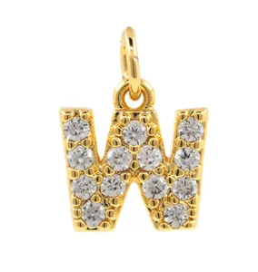 Gold plated brass micro pave cubic zirconia letter W charm detail closeup for DIY jewelry making