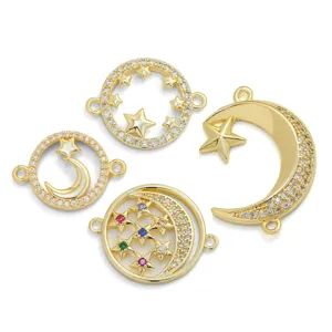 Cuivre Micro Incrusté Zirconia Étoile Lune Rond Connecteur Double Pendentif DIY Bracelet Fabrication Accessoires Bijoux