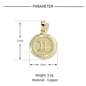 Detail view of the gold-plated copper Gemini constellation pendant with precise dimensions.