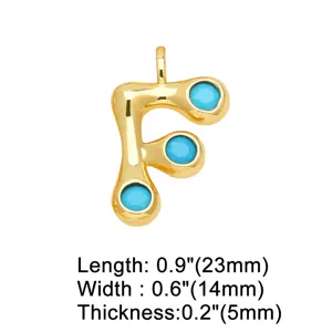 Gouden letter F hanger met blauwe zirkonia, koperen DIY mode sieraden, 23mm maataanduiding.