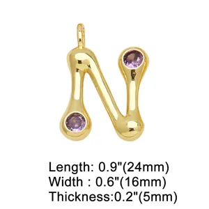 Gouden letter N hanger met paarse zirkonia, chique DIY koperen sieraden voor kettingen.