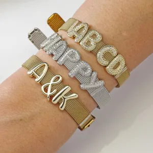 Etsy Hot Selling Rame Micro Inserto Zirconia Puffy Lettera Liscio Lettera Mesh Braccialetto Moda Gioielli Regalo