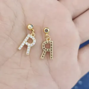 Gold tone initial letter R charm pendant with cubic zirconia for DIY jewelry making detail