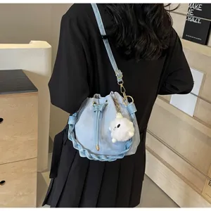 Bolso cubo azul claro mujer elegante bolso de hombro con colgante de bola de peluche lindo