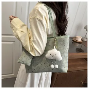 Green shoulder tote bag with star pattern, pouch and cute cloud pendant for daily commute.