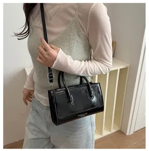 Black patent leather shoulder bag for women, stylish vintage crossbody tote bag daily use.