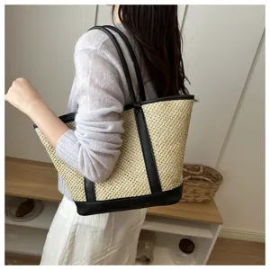 Casual summer straw tote bag with black PU leather trim, stylish shoulder bag for women daily use.