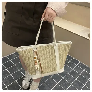 Women Summer Straw Woven Tote Bag Stylish PU Trim Casual Shoulder Bag Beach Handbag