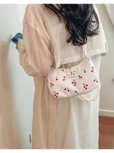 White corduroy shoulder bag with cute red cherry embroidery, stylish casual daily purse for women.