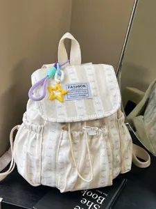 Casual Canvas Backpack For Women Cute Striped School Bookbag Drawstring Flap Travel Daypack With Pendant