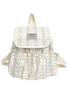 Casual canvas backpack with cute ribbon stripe pattern, perfect for daily commute and school.
