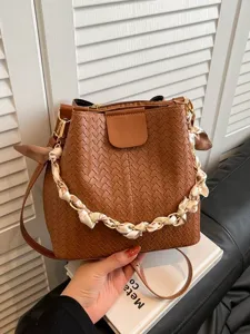 Women Retro Woven Bucket Bag PU Leather Shoulder Crossbody Bag Chain Silk Scarf Handbag Commuter Casual Tote Purse