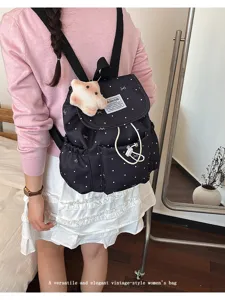 Zaino nero a pois con fiocco e coulisse borsa casual carina per donna viaggio lavoro quotidiano