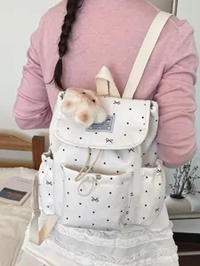 Zaino minimalista a pois con fiocco da donna, borsa casual in tela carina per il pendolarismo quotidiano.