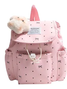 Zaino rosa a pois con fiocco borsa casual carina da scuola con ciondolo in peluche donna