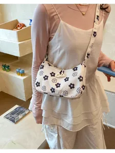 White corduroy shoulder bag with floral print stylish casual daily handbag for women trendy