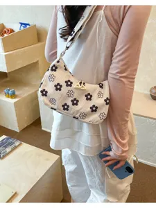 Stylish floral corduroy shoulder bag for women, casual daily hobo handbag with cute print.
