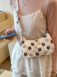 Floral corduroy shoulder bag for women, stylish casual underarm handbag with chic print.