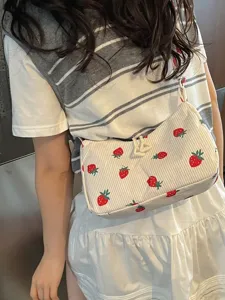 Cute strawberry print corduroy shoulder bag, casual aesthetic women daily hobo handbag.