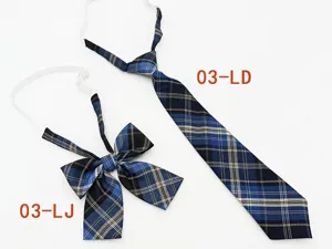 Blue plaid school uniform tie and bow set for women, Japanese JK style accessories detail.
