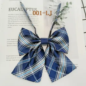 Close-up detail of blue and white plaid JK uniform bow tie, showing neat fabric texture.