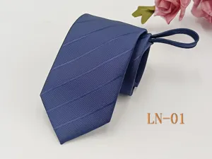 Close-up detail of dark blue striped zipper tie, professional business neckwear design.