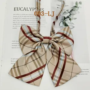 Detailed shot of a classic plaid bow tie, featuring elegant beige and dark red pattern.