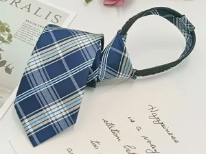 Blue plaid zipper tie detail view, featuring neat grid pattern and convenient zipper design.