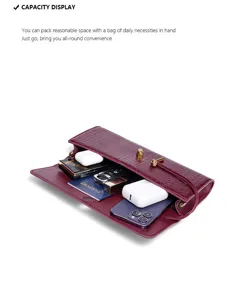 Burgundy crocodile pattern PU leather clutch bag inner capacity display and daily items detail.