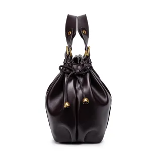 Vintage soft leather pleated bucket handbag with comfortable shoulder strap and gold hardware.
