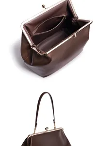 Mittelgroße braune Bügeltasche mit elegantem Henkel und sicherem Metall-Kussverschluss.