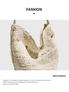 Bolso tote de hombro de macramé de ganchillo hecho a mano, textura tejida blanco roto gran capacidad.