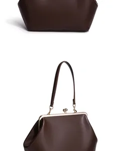 Elegante braune Leder Kussverschluss Handtasche, Retro Henkeltasche Damen Schultertasche.