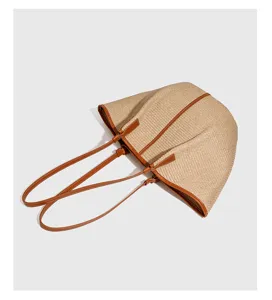 Geweven raffia tote tas met bruine lederen afwerking, grote casual strand schoudertas voor vrouwen.